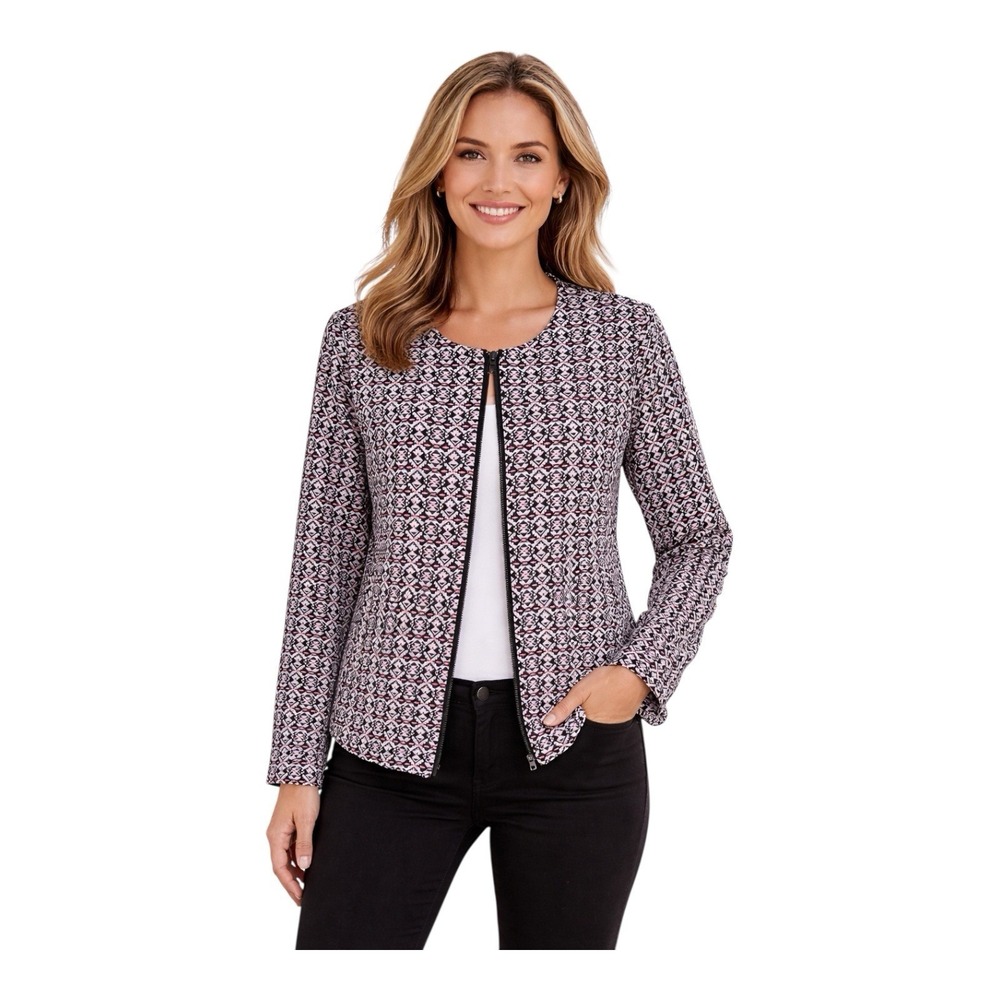 Marine Layer Jacket Womens M Black Geometric Tweed‎ Collarless Full Zip Tribal
